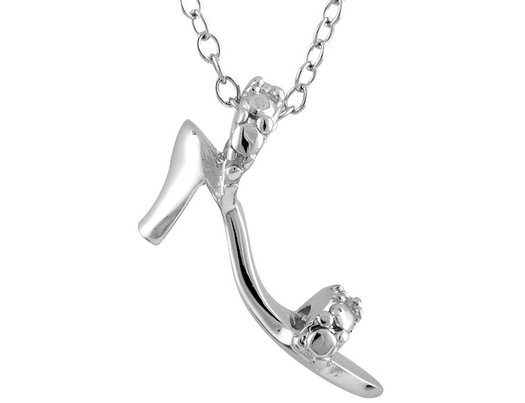 Sterling Silver High Heel Shoe Charm Pendant Necklace with Chain and Accent Diamond
