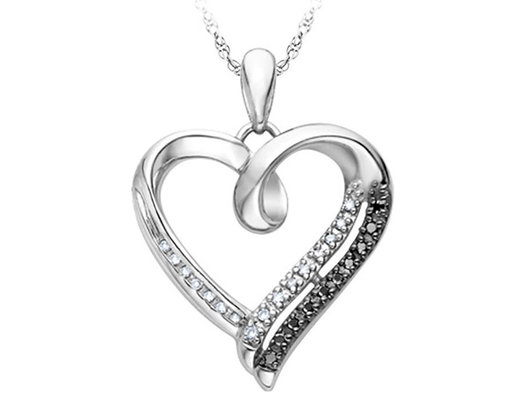 Sterling Silver White & Black Accent Diamond Heart Pendant Necklace with Chain