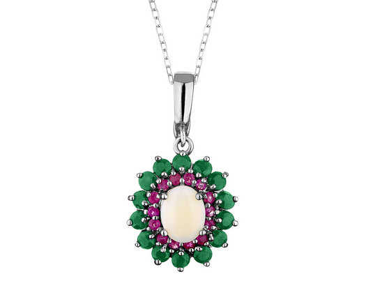 Emerald, Created Ruby and Created Opal Pendant Necklace 3.45 Carats (ctw) in Sterling Silver with Chain