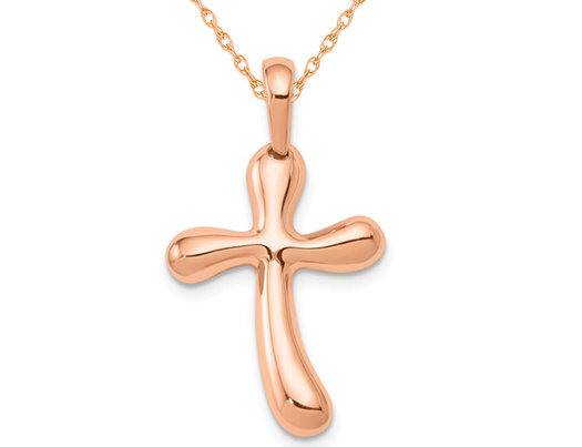 14K Rose Pink Gold Freeform Cross Pendant Necklace with Chain