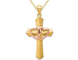 14K Pink and Yellow Gold Double Heart Cross Pendant Necklace with Chain