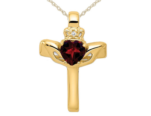 Natural Garnet Claddagh Cross Pendant Necklace 4/5 Carat (ctw) in 14K Yellow Gold with Chain