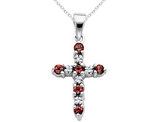 1/4 Carat (ctw) Garnet Cross Pendant Necklace with Accent Diamonds in 14K White Gold with Chain