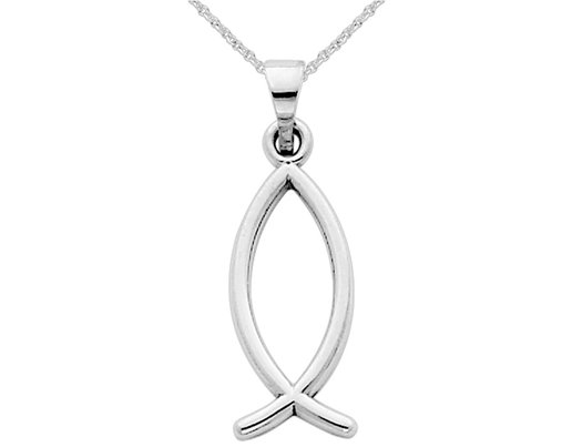 14K White Gold Christian Fish Charm Pendant Necklace in  with Chain