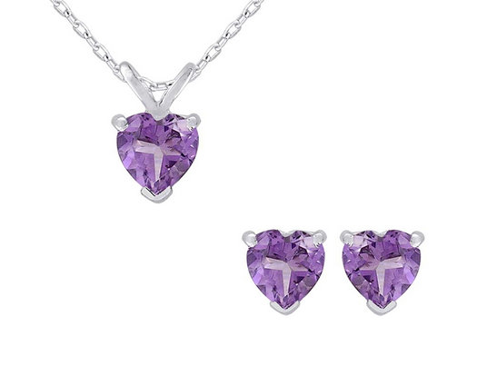 Amethyst Heart Earrings and Pendant Necklace Set 1.8 Carat (ctw) in Sterling Silver