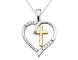 Diamond Heart Cross Pendant in Sterling Silver with 14K Yellow Gold with Chain