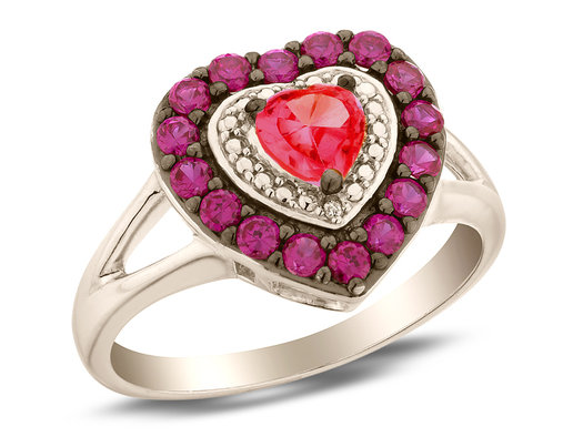 Lab Created Ruby and Pink Sapphire Heart Ring with Diamonds in Sterling Silver