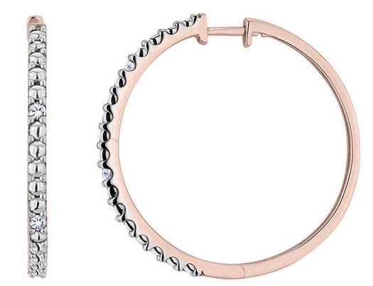 Diamond Hoop Earrings in Sterling Silver with Rose Pink Gold Plating 1 Inch
