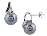 Grey Synthetic Man Made Shell Pearl Earrings with White and Synthetic Black Crystal in Sterling SIlver