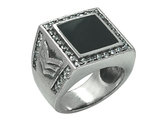 Men's Military Ring with Black Enamel and Synthetic Crystals in Stainless Steel