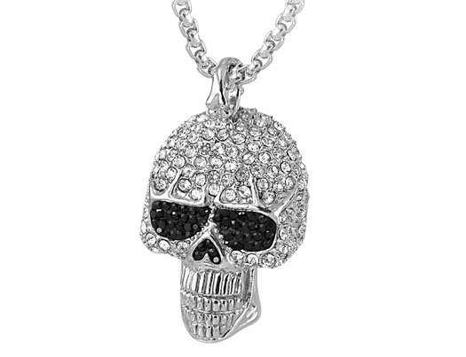 David Sigal Skull Necklace Pendant with Black and Synthetic White Crystals in Stainless Steel