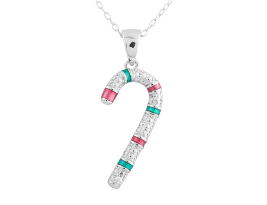 Candy Cane Pendant Necklace with Diamond Accent in Sterling Silver with Chain