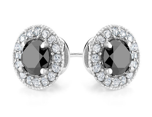 2.00 Carat (ctw) Black Diamond & Created White Topaz Halo Earrings in Sterling Silver