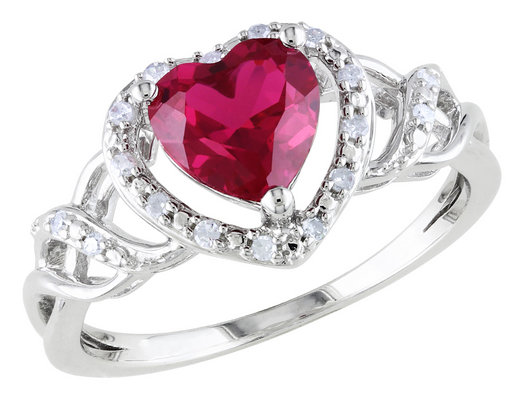 1.70 Carat (ctw) Lab-Created Ruby Heart Ring with Diamonds in Sterling Silver