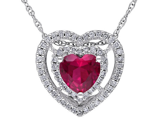 1.20 Carat (ctw) Lab-Created Ruby and Diamond Heart Pendant Necklace in 10K White Gold with chain