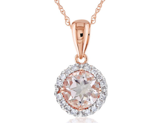 9/10 Carat (ctw) Morganite & Diamond Halo Pendant Necklace in 10K Rose Gold with chain