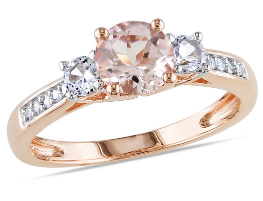 1.20 Carat (ctw) Morganite & Lab-Created White Sapphire Three Stone Ring with Diamonds in 10K Rose Pink Gold