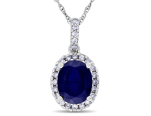 Blue Sapphire and Diamond Pendant Necklace in 14k White Gold with Chain