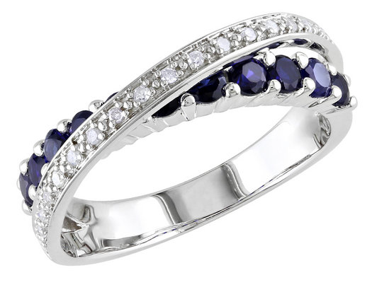1.10 Carat (ctw) Lab-Created Blue Sapphire Ring in Sterling Silver with Diamonds
