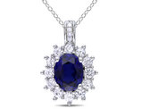 Lab-Created Blue & White Sapphire Pendant Necklace with Accent Diamonds 4.0 Carat (ctw) in Sterling Silver