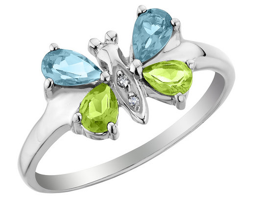Blue Topaz and Peridot Butterfly Ring with Diamonds 1.0 Carat (ctw) in Sterling Silver