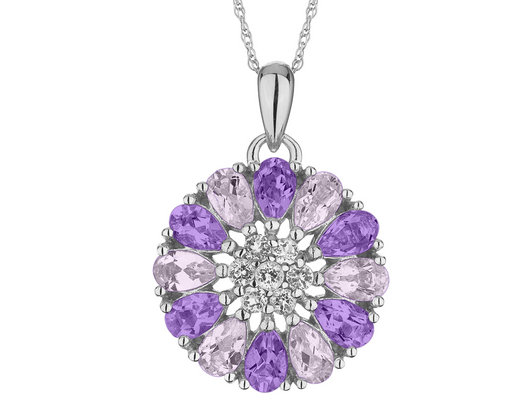 Purple Amethyst and Pink Amethyst Flower Pendant Necklace in Sterling Silver with Chain