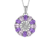 Purple Amethyst and Pink Amethyst Flower Pendant Necklace in Sterling Silver with Chain
