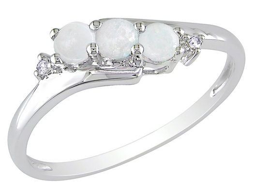 Three Stone Created Opal and Diamond Ring 1/4 Carat (ctw) in 10K White Gold