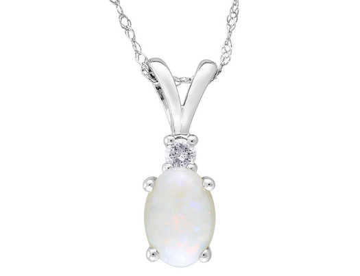 1/2 Carat (ctw) Lab Created Opal Pendant Necklace with Diamond in 10K White Gold with Chain