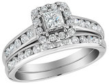 1.00 Carat (ctw I1-I2, G-H) Diamond Halo Engagement Ring and Wedding Band Set 10K White Gold