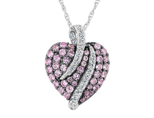 Created White and Pink Sapphire Heart Pendant Necklace 2.13 Carat (ctw) in Sterling Silver with Chain