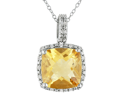4.00 Carat (ctw) Citrine Halo Pendant Necklace in Sterling Silver with Chain and Accent Diamonds
