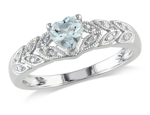 2/5 Carat (ctw) Clear Aquamarine Heart Ring in Sterling Silver with Accent Diamonds