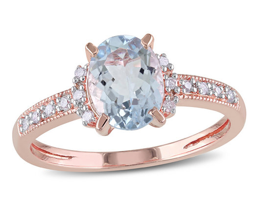 1.00 Carat (ctw) Aquamarine Ring with Diamonds in Rose Plated Sterling Silver