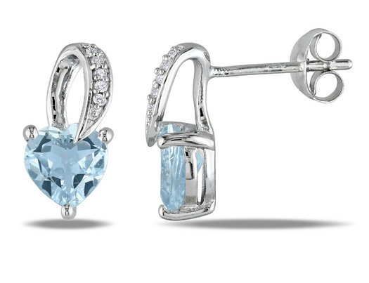 1.30 Carat (ctw) Light Aquamarine Heart Earrings with Accent Diamonds in Sterling Silver