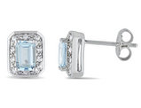 1.10 Carat (ctw) Emerald Cut Aquamarine Stud Earrings with Diamonds in Sterling Silver
