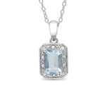 1.0 Carat (ctw) Emerald-Cut Aquamarine Pendant Necklace (ctw) with Diamonds in Sterling Silver with Chain