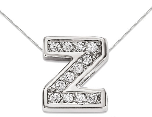 Sterling Silver Letter Z Initial Charm Pendant Necklace with Cubic Zirconia (CZ) and chain