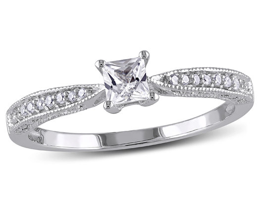 Lab-Created White Sapphire 1/4 Carat (ctw) Princess Cut Engagement Ring with Diamonds in Sterling Silver