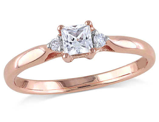 1/4 Carat (ctw) Princess-Cut Created White Sapphire Promise Ring with Diamonds in Rose Plated Sterling Silver