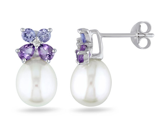 White Freshwater Cultured Pearl  8-8.5mm with Diamond, Tanzanite and Amethyst Stud Earrings In Sterling Silver