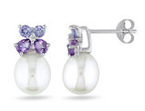White Freshwater Cultured Pearl  8-8.5mm with Diamond, Tanzanite and Amethyst Stud Earrings In Sterling Silver