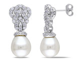 White Freshwater Cultured Pearl  9-9.5mm Earrings with Created White Sapphire In Sterling Silver