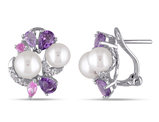 White Freshwater Cultured Pearl with Amethyst, Created Pink and Created Synthetic White Sapphire Cluster Earrings Sterling Silver