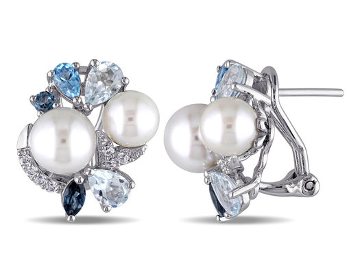 White Freshwater Cultured Pearl with Created White Sapphire, Blue Topaz 3 1/2 Carat (ctw) cluster Earrings Sterling Silver