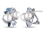 White Freshwater Cultured Pearl with Created White Sapphire, Blue Topaz 3 1/2 Carat (ctw) cluster Earrings Sterling Silver