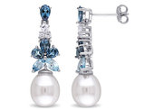 White Freshwater Cultured Pearl 8.5-9 mm with Blue and White Topaz Drop Earrings In Sterling Silver