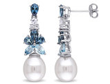 Freshwater Cultured Pearl 8.5-9 mm with Blue and White Topaz Drop Earrings In Sterling Silver