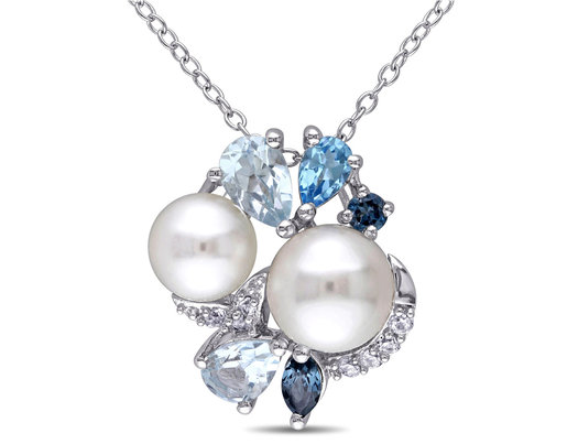 Freshwater Cultured Pearl, London, Swiss and Sky Blue Topaz, Created Synthetic White Sapphire Cluster Pendant Necklace Sterling Silver