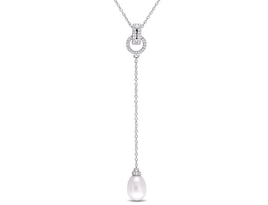 White Freshwater Cultured Pearl 8-8.5mm and White Topaz 1/5 Carat (ctw) Drop Pendant Necklace Sterling Silver